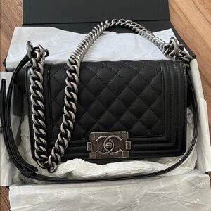 Chanel Black Quilted Boy Bag with Silver Chain